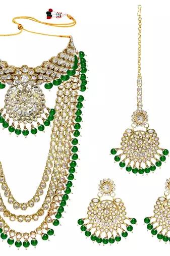 Aheli kundan bridal long necklace choker earrings maangtikka jewellery set for women