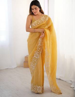 Yelllow embroidered blouse with embroidered saree 1