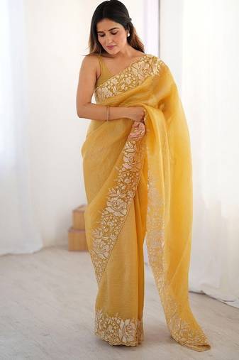 Yelllow embroidered blouse with embroidered saree