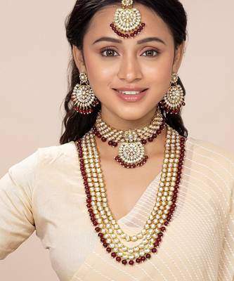 Aheli traditional kundan wedding bridal long necklace choker earrings maangtikka jewellery set for women 1