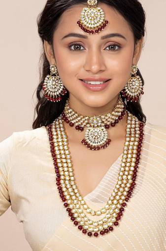 Aheli traditional kundan wedding bridal long necklace choker earrings maangtikka jewellery set for women
