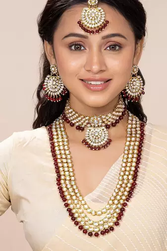 Aheli traditional kundan wedding bridal long necklace choker earrings maangtikka jewellery set for women