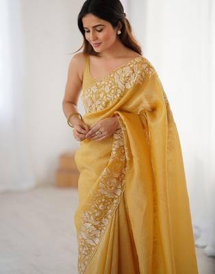 Yelllow embroidered blouse with embroidered saree 3
