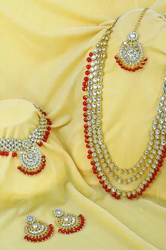 Aheli traditional kundan wedding bridal long necklace choker earrings maangtikka jewellery set for women