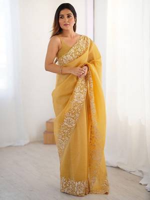 Yelllow embroidered blouse with embroidered saree 4