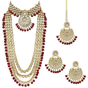 Aheli traditional kundan wedding bridal long necklace choker earrings maangtikka jewellery set for women 3
