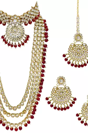 Aheli traditional kundan wedding bridal long necklace choker earrings maangtikka jewellery set for women