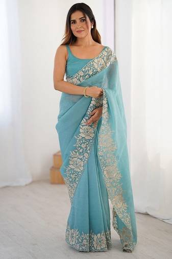 Blue embroidered blouse with embroidered saree