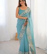 Blue embroidered blouse with embroidered saree