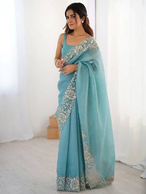 Blue embroidered blouse with embroidered saree 2