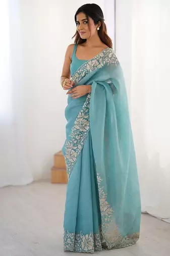 Blue embroidered blouse with embroidered saree