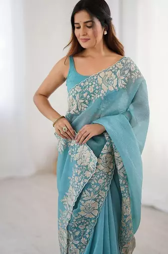 Blue embroidered blouse with embroidered saree