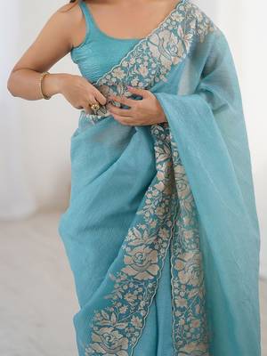 Blue embroidered blouse with embroidered saree 4