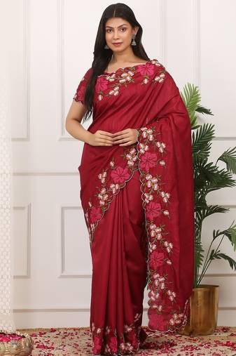 Maroon embroidered blouse with embroidered saree