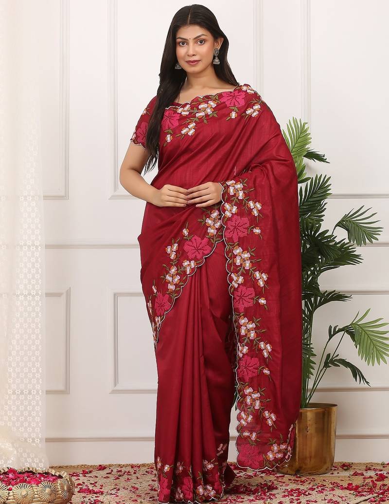 Maroon embroidered blouse with embroidered saree