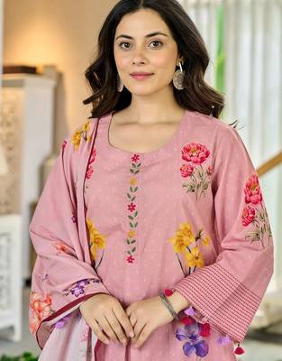 Women   s pink floral kurta pant set with soft dupatta     stylish ethnic look 4