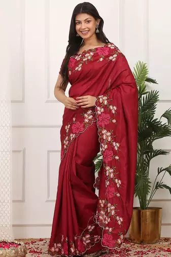 Maroon embroidered blouse with embroidered saree