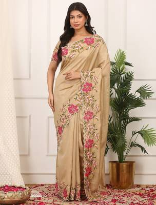Beige embroidered blouse with embroidered saree 1
