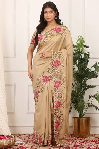 Beige embroidered blouse with embroidered saree