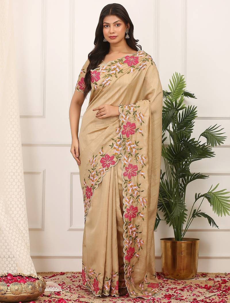 Beige embroidered blouse with embroidered saree