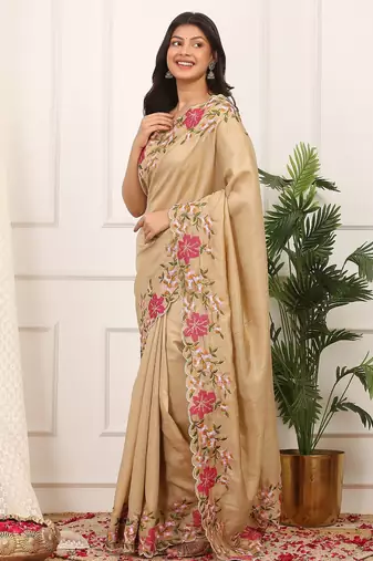 Beige embroidered blouse with embroidered saree