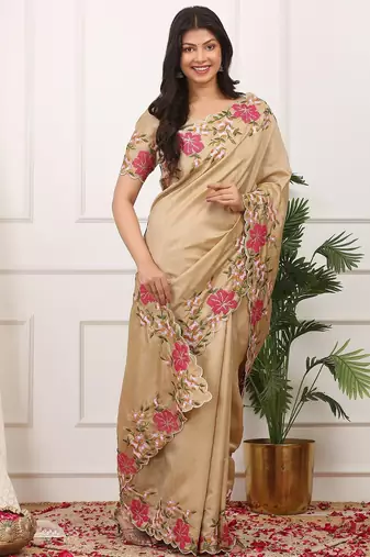 Beige embroidered blouse with embroidered saree