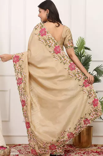 Beige embroidered blouse with embroidered saree