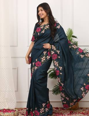 Teal embroidered blouse with embroidered saree 3