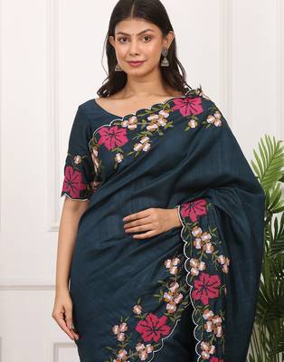Teal embroidered blouse with embroidered saree 4