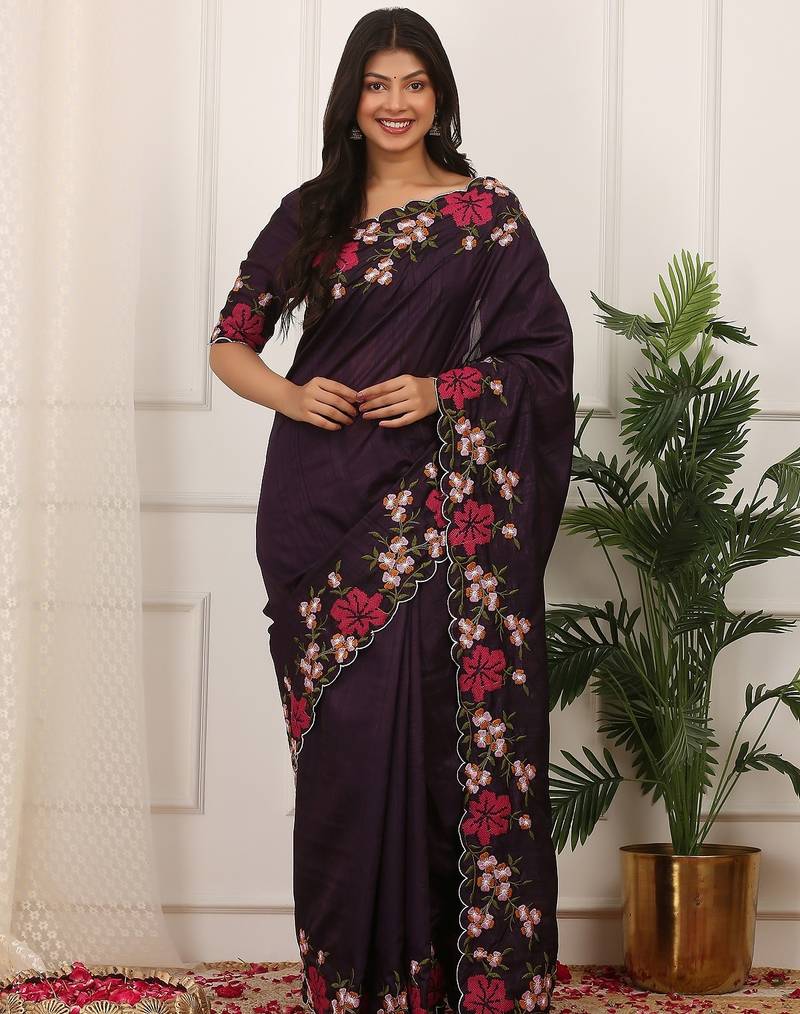 Blue embroidered blouse with embroidered saree