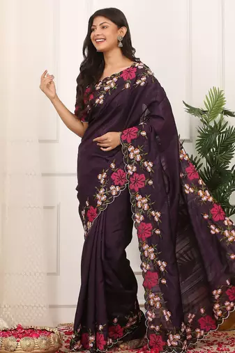 Blue embroidered blouse with embroidered saree