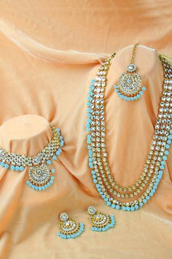 Aheli kundan faux beads studded bridal necklace jewellery set for women
