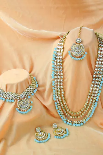 Aheli kundan faux beads studded bridal necklace jewellery set for women