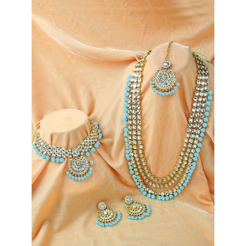 Aheli kundan faux beads studded bridal necklace jewellery set for women