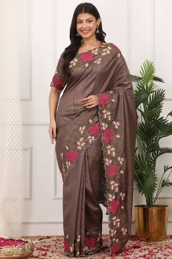 Coffee embroidered blouse with embroidered saree