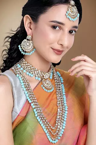 Aheli kundan faux beads studded bridal necklace jewellery set for women