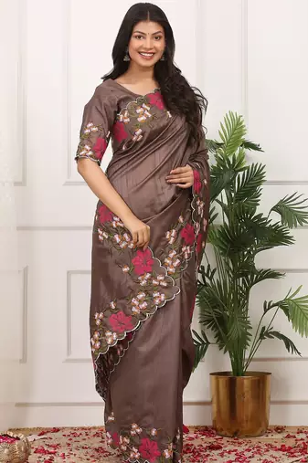 Coffee embroidered blouse with embroidered saree