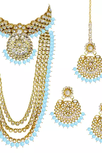 Aheli kundan faux beads studded bridal necklace jewellery set for women