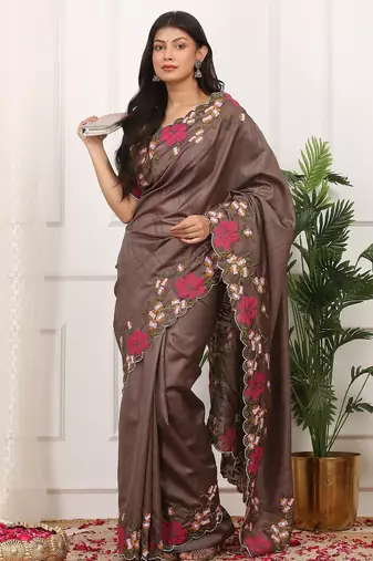 Coffee embroidered blouse with embroidered saree