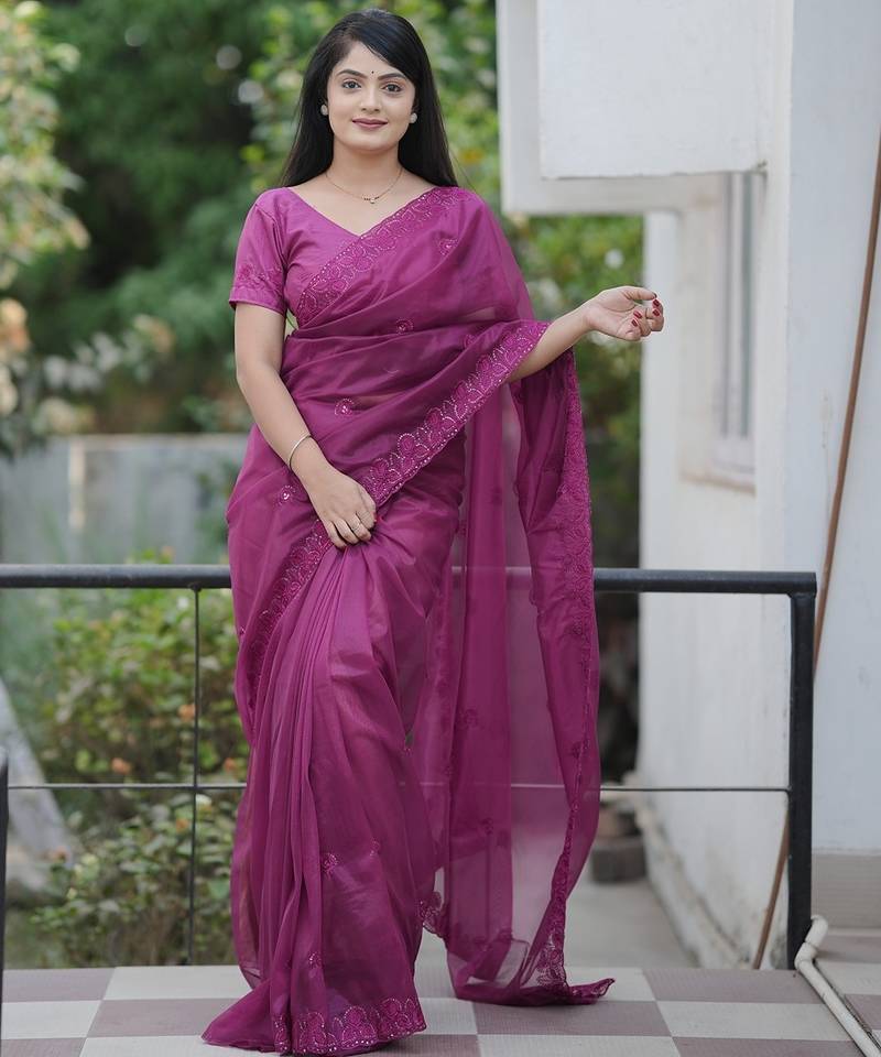 Wine embroidered blouse with embroidered saree