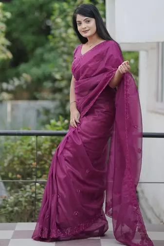 Wine embroidered blouse with embroidered saree
