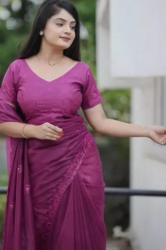 Wine embroidered blouse with embroidered saree