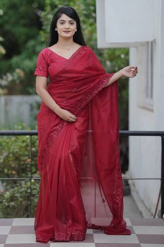 Red embroidered blouse with embroidered saree