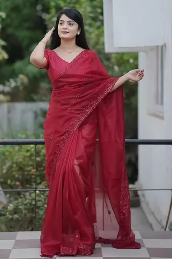 Red embroidered blouse with embroidered saree