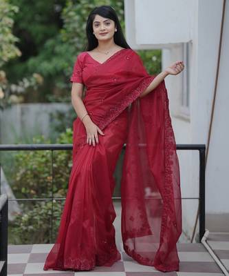 Red embroidered blouse with embroidered saree 3