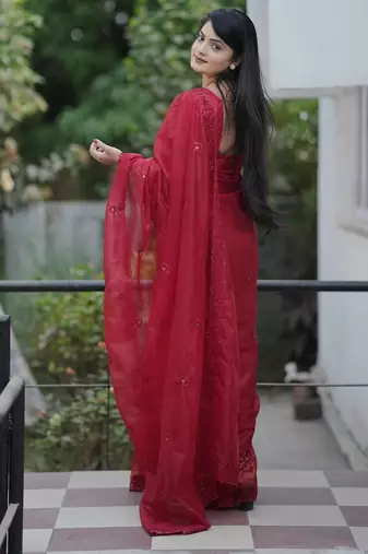 Red embroidered blouse with embroidered saree