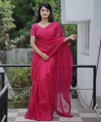Pink embroidered blouse with embroidered saree 1