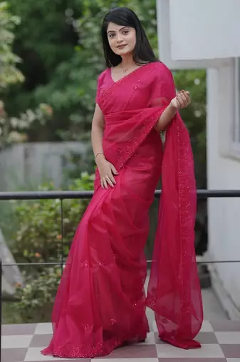 Pink embroidered blouse with embroidered saree