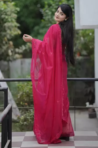 Pink embroidered blouse with embroidered saree