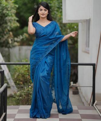 Teal embroidered blouse with embroidered saree 2